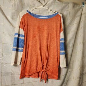 NWOT Long  jersey style stripe sleeve, reddish coral, blue and white, size Med
